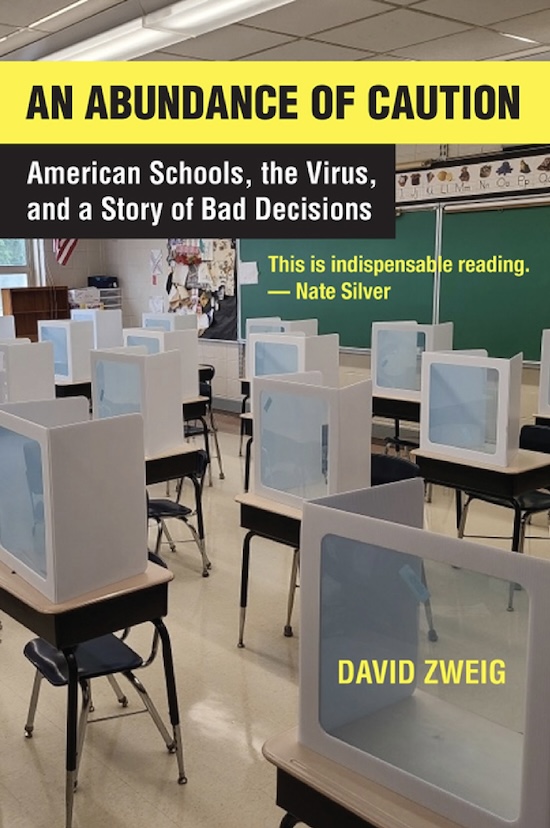 A bookcover, with the title, subtitle, author's name and a blurb superimposed on a photo of an empty schoolroom with widely spaced desks with barriers on top that prevent sideways views and distort the view out the front