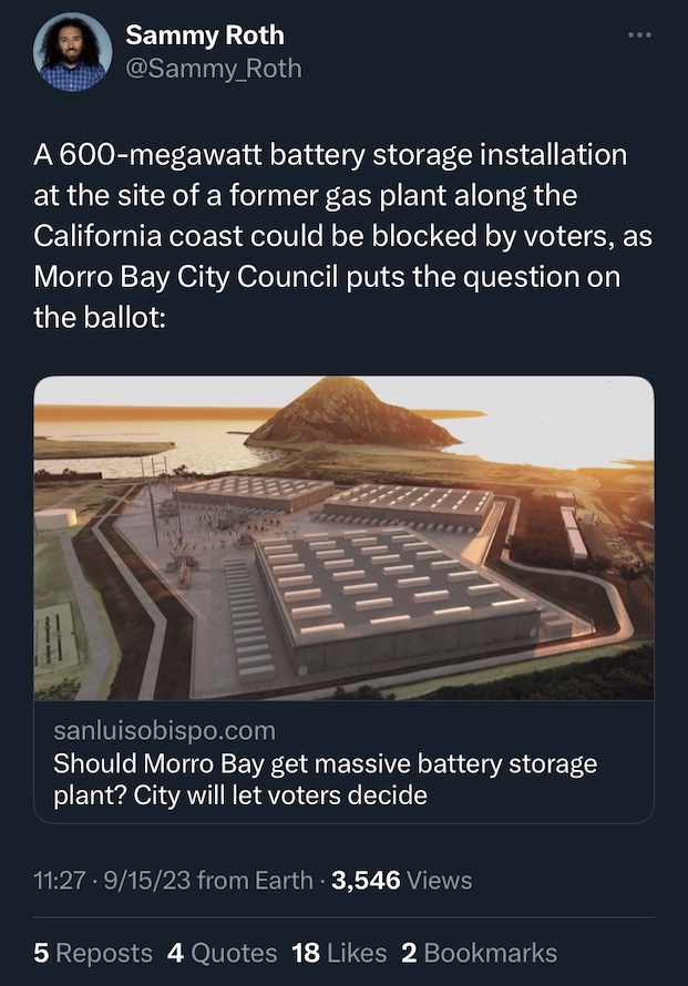 A screenshot of a Tweet with a picture of a model of an outdoor industrial system with three large grey buildings and dozens of containers, along with text stating that the battery storage capacity is 600 Megawatts