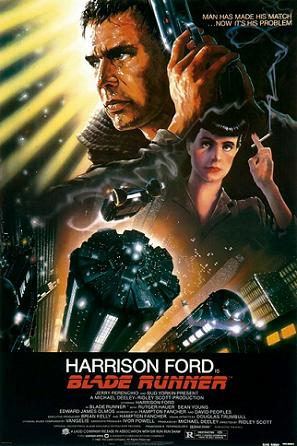 A movie poster, with the title and star's name and other personnel listed at the bottom, featuring a dark image of, at the top, the sweaty face of a man holding a gun, below which is an image of the face of an elegant woman smoking a cigarette, and below which are what appear to be futuristic skyscrapers