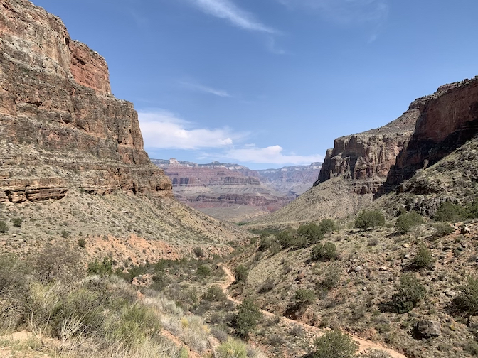 The Bright Angel Trail inside Grand Canyon, looking downhill as the trail winds towards Indian Garden