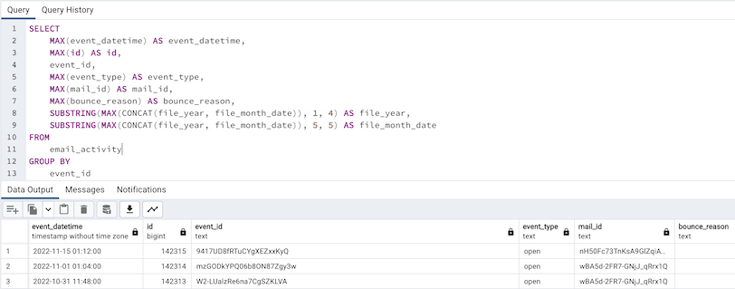 A screenshot of a graphical user interface, the upper portion of which contains lines of computer code and the lower portion of which contains a table with labeled columns and rows of data