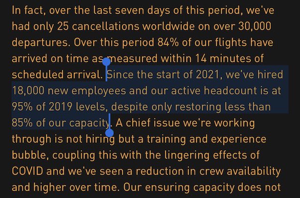 Text which includes the statement 'our active headcount is at 95% of 2019 levels, despite only restoring less than 85% of our capacity'
