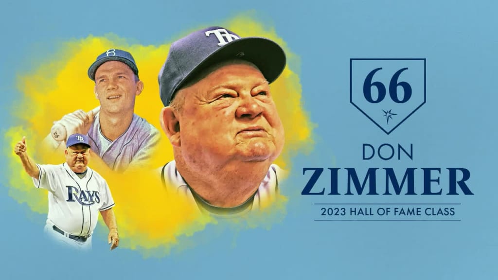 A painting with three images of a man in a baseball uniform, the first being a younger man resting a bat on his shoulder, the second being an older, portly man giving a thumbs-up signal, the third being a portrait of an elderly man looking skyward, surrounded by a light blue background containing some text along with a baseball home plate with the number 66 inside of it
