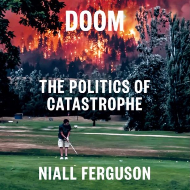 A book cover, with the title, subtitle, and author's name, featuring an image of a man golfing while a forest fire rages in the not too distant background