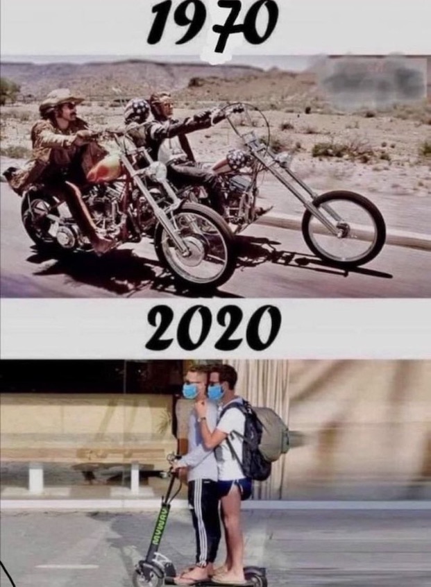 Top image, labeled 1970, shows the two lead characters of the film Easy Rider on motorcycles; bottom image, labeled 2020, shows two masked young men sharing a single electric scooter