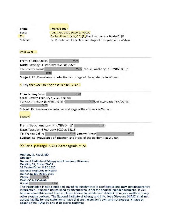 A four-email thread between Anthony Fauci of NIAID, Francis Collins of NIH, and Jeremy Farrar of Wellcome Trust discussing serial passage in ACE-2 transgenic mice experiments conducted at BSL-2