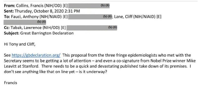 Screenshot of an email sent by Francis Collins to Anthony Fauci and two other people'