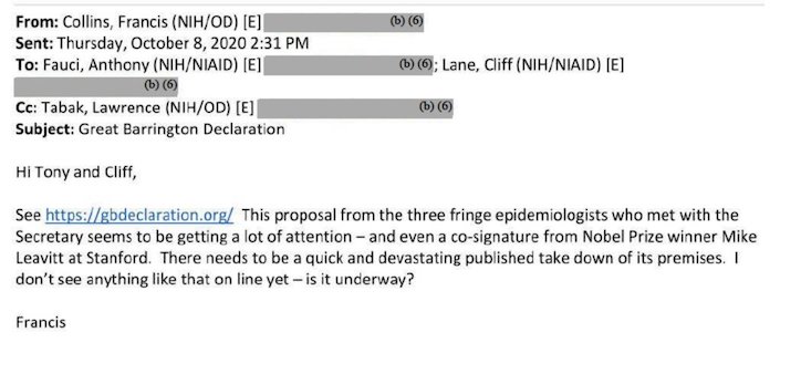 Screenshot of an email sent by Francis Collins to Anthony Fauci and two other people