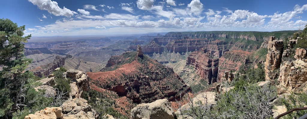 A panoramic view of a portion of Grand Canyon featuring red and beige rock formations, cliffs, plateaus, and some vegetation, under a mostly blue sky with some white puffy clouds