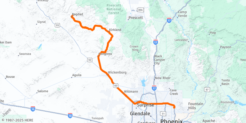 A map of the northwestern area of the Valley of the Sun with a route marked in orange