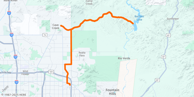 A map of the northeast area of the Valley of the Sun with a route marked in orange