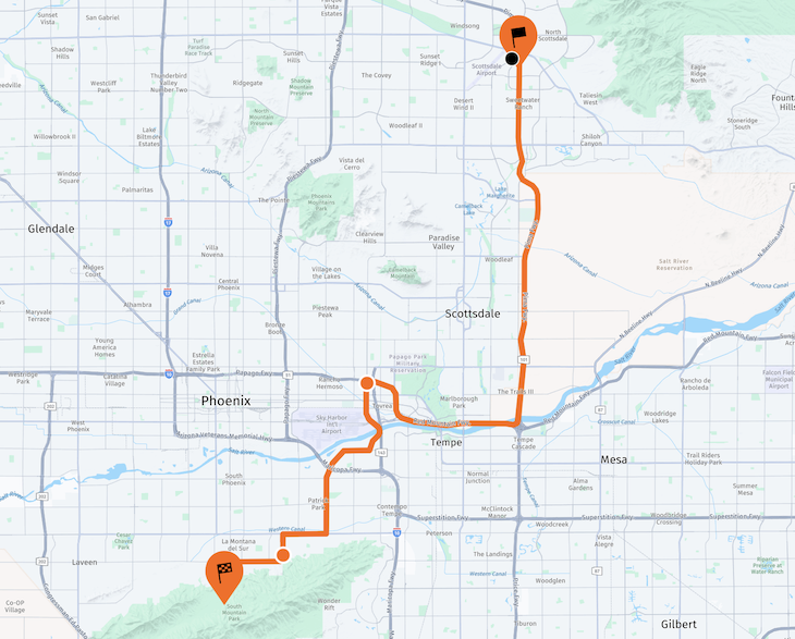 A map of the east central area of the Valley of the Sun with a route marked in orange