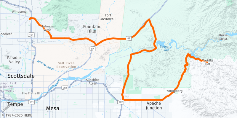 A map of the northeast area of the Valley of the Sun with a route marked in orange