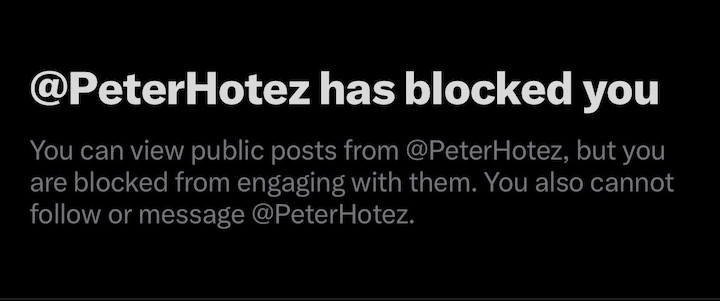 A screenshot showing that Peter Hotez has blocked me
