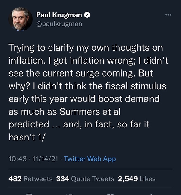 Screenshot of a tweet sent by Paul Krugman in which he states 'I got inflation wrong'