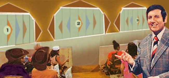 The host of the TV game show Let's Make a Deal, Monty Hall, standing in the TV studio in front of three doors