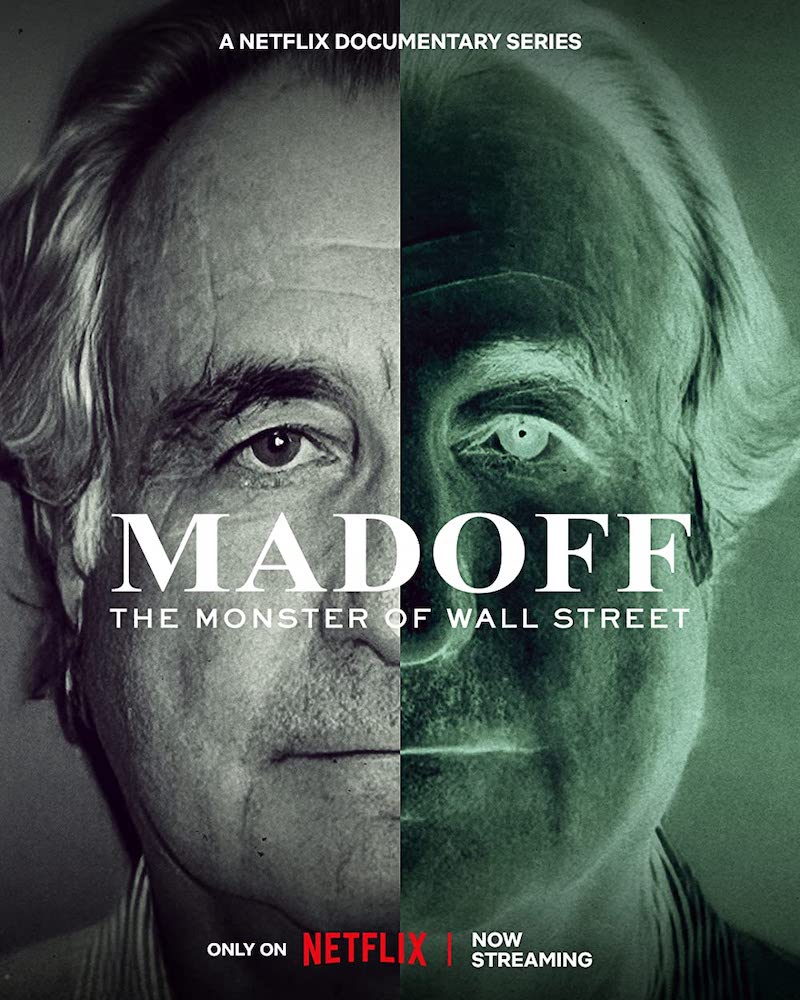 A black-and-white portrait of a morose, elderly Bernie Madoff split into two vertical halves, the left side of which is a normal image while the right side reverses the black and white tones