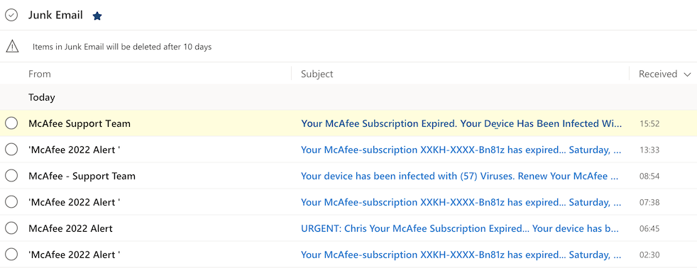 A list of seven emails received in a 24 hour period, all claiming to be from the company that makes the McAfee virus scanner