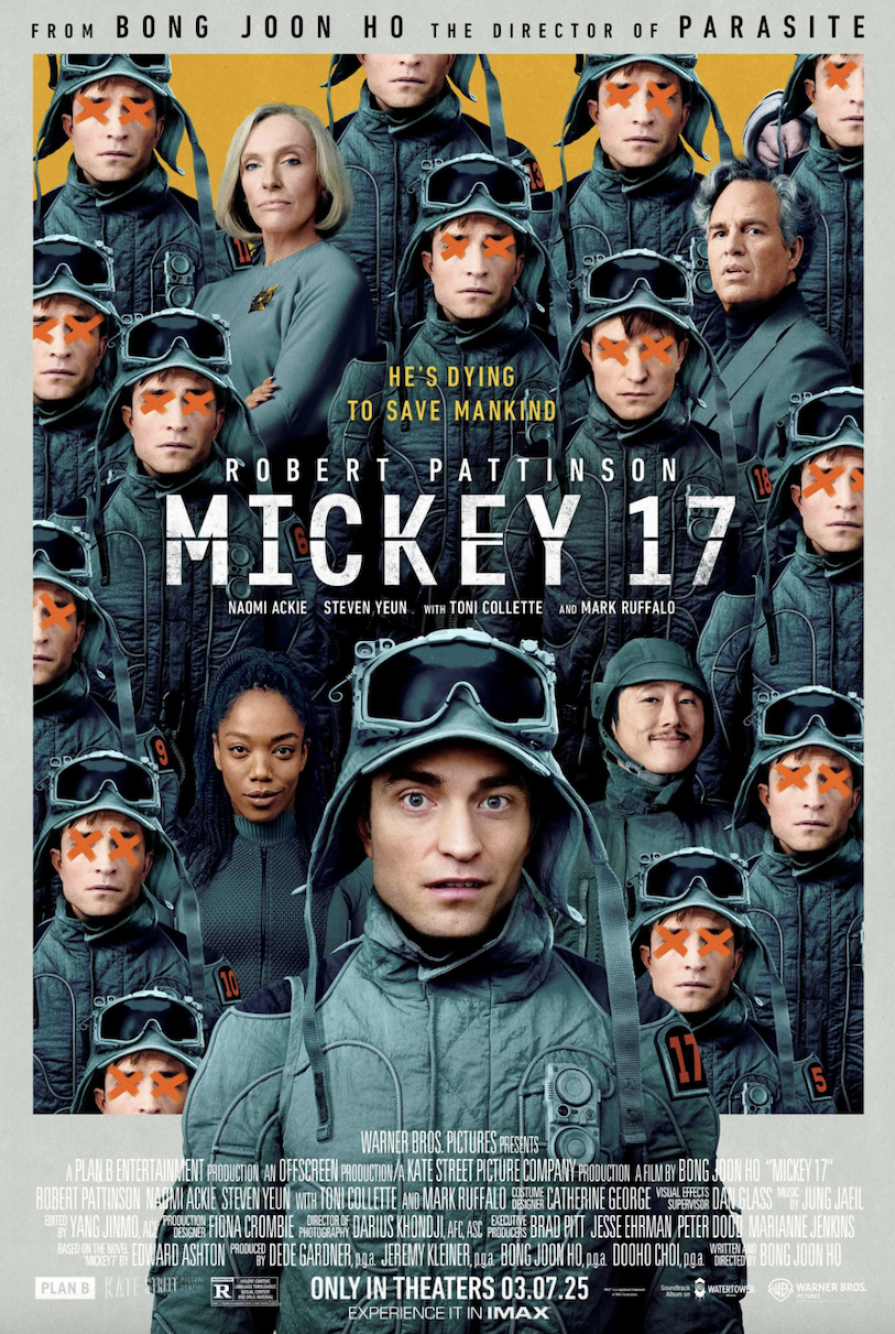 A movie poster containing the title and the star's and director’s names, along with other names in small font at the bottom, with a image of a dozen or so people dressed in futuristic outdoorwear and indoor uniforms, one person larger than the others and in front, with an orange X drawn over many of the eyes