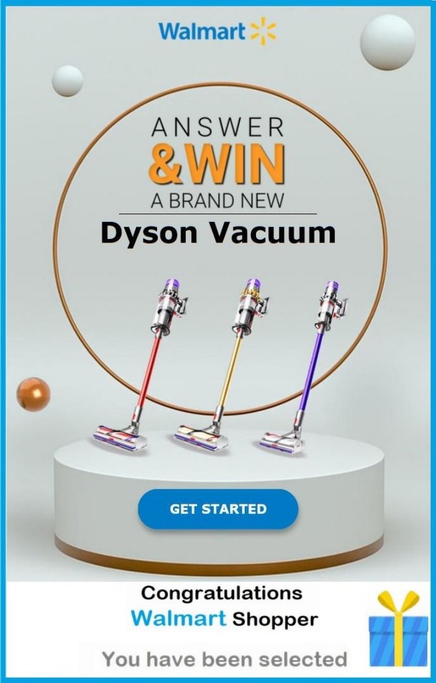 A fake announcement claiming to be from Walmart, congratulating the recipient for winning one of three Dyson upright vacuums pictured on a podium
