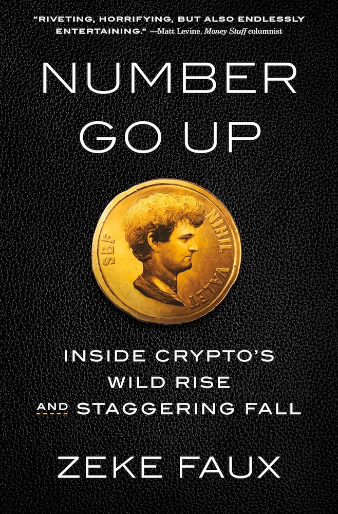 A book cover with an image of a gold coin in the center of a textured black background, the coin featuring a profile view of Sam Bankman-Fried, and the book’s title, subtitle, author’s name and a blurb in white lettering above and below the coin
