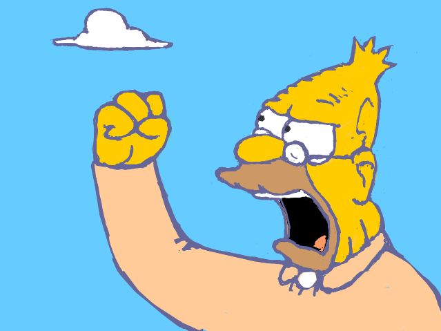 A simple cartoon drawing of an old man shaking a fist at a cloud in a blue sky, with his mouth open