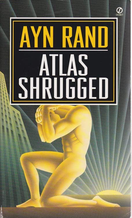 A book cover with a golden statue of a man, Atlas, bent over on one knee holding up a box containing the book's title and the author's name, with an Art Deco skyscraper in the background along with a stylized drawing of the sun on the horizon with rays radiating into a dark sky