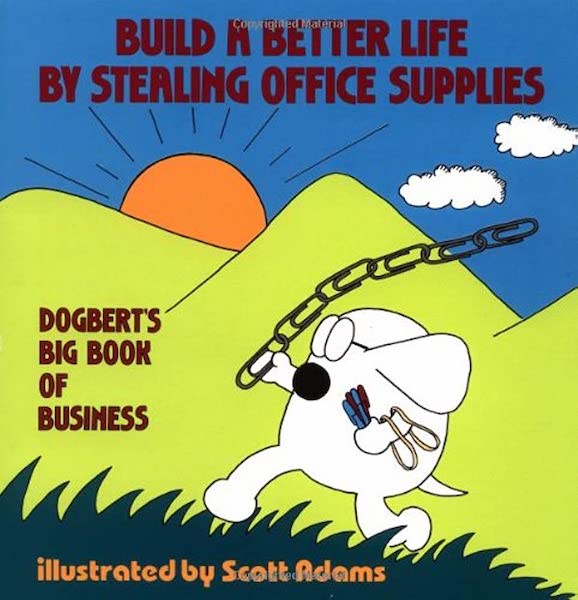 A book cover with the title, author's name, and subtitle, superimposed over a color cartoon drawing of a white, glasses-wearing dog walking on two legs through some grass while holding pens, rubber bands, and paper clips, with mountains, clouds, and the sun in the background