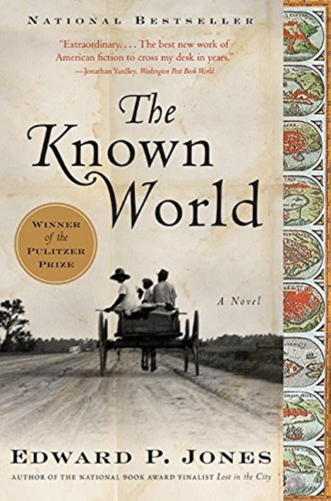 A book cover consisting of an old black and white photo of three black people riding down a dirt road in a horse-drawn cart, with a horizontal strip of small map images along the right side, superimposed with the book's title, author's name, a medal with the words 'Winner of the Pulitzer Prize', a blurb, and the words 'national bestseller'