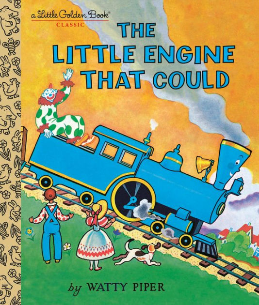 A book cover with the title and author's name, superimposed over a color cartoon drawing of a blue train steam engine with a clown in the tender, heading down a green hill while the clown waves to a boy, girl, and dog