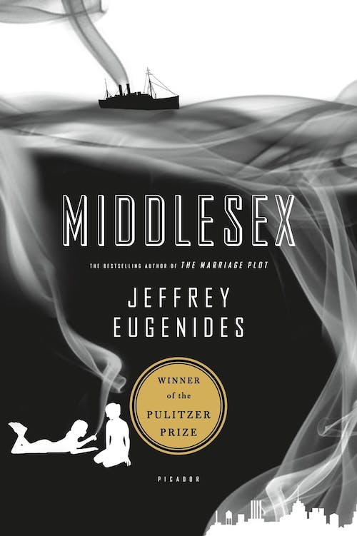 A book cover, with the title and author's name, consisting of a black-and-white image of a ship in deep water, with two smokestacks emitting smoke, with two women in the lower left, one of whom is smoking with the smoke rising to mingle with the surface of the water, and with some tall city buildings in the lower right, which are emitting smoke that also rises to the water's surface
