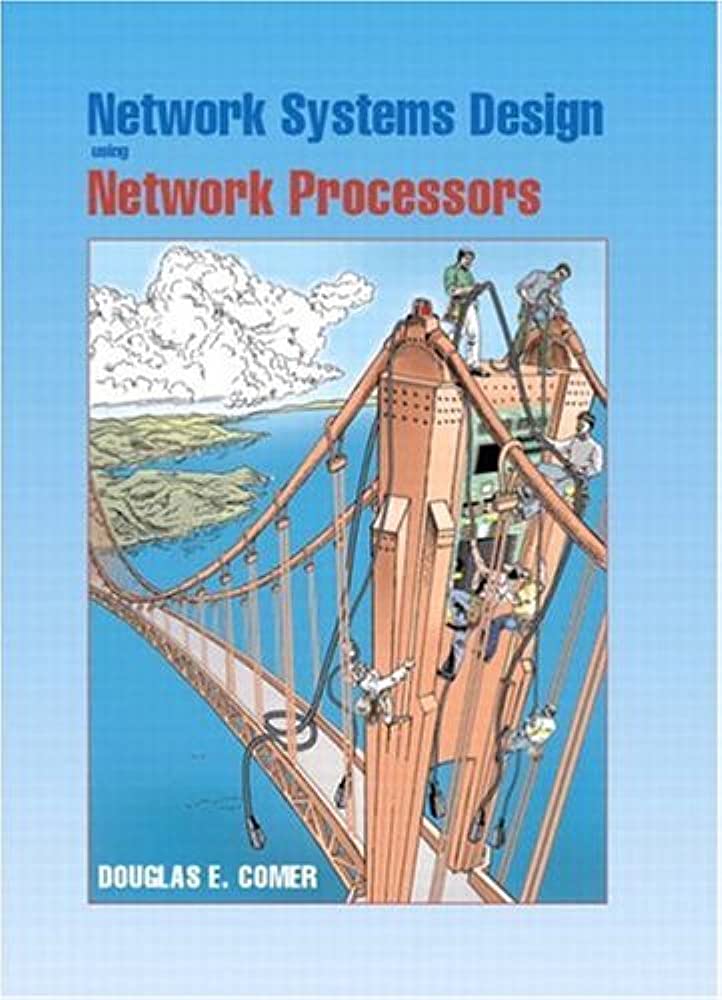 A book cover consisting of a light blue border around a somewhat cartoonish drawing of the Golden Gate Bridge with some men towards the top of one of the bridge towers holding some draped cables with network connectors at the ends of them, with the author's name at the bottom of the drawing and the book's title at the top portion of the border
