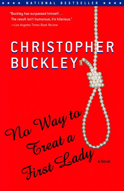 A bright red book cover with the title and author's name, featuring an image of a hangman's noose made out of a long string of pearls