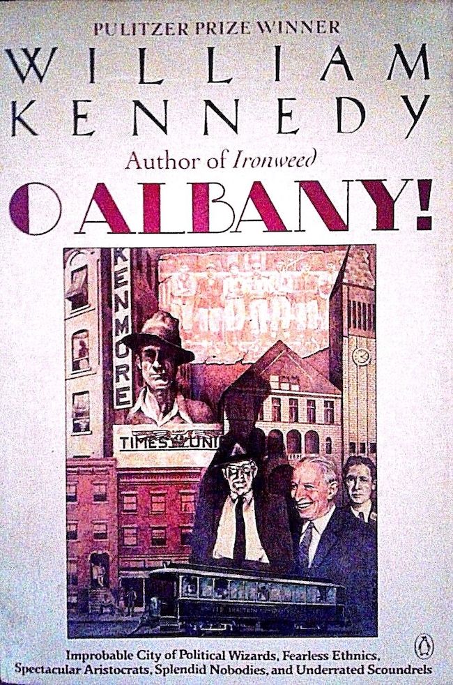 A book cover with the author's name and title featured prominently at the top, over a composite image of some old brick buildings, a newspaper logo, a trollycar, and four men dressed in clothing appropriate for decades ago