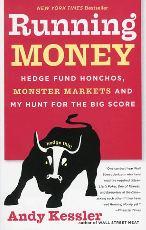 A book cover, with the title, author's name, and a blurb, with a red upper and white lower background, featuring a black silhouette of the front view of an angry bull about to charge, with the words 'hedge this!' above the bull's head