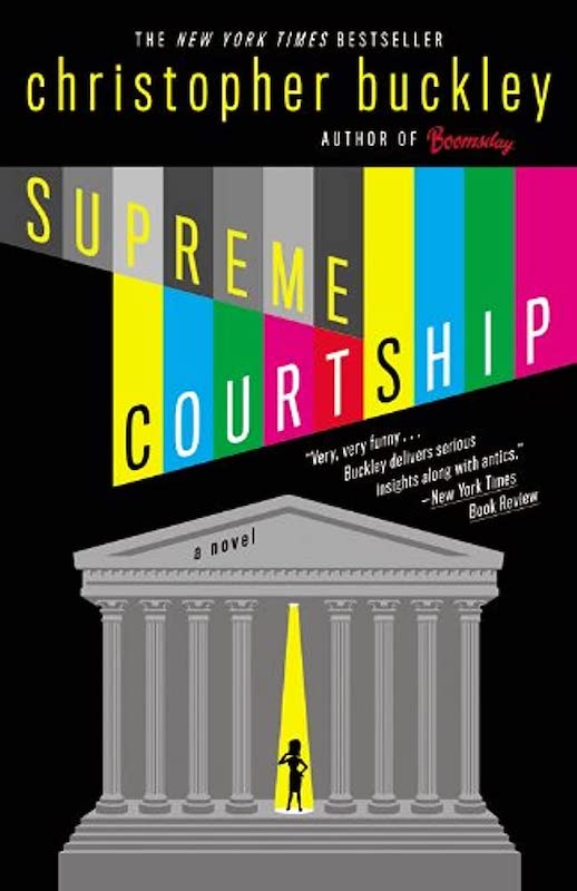 A book cover with a black background, featuring a simplified drawing of the front of the United States Supreme Court building, in the center of which a column of yellow light shines upon a silhouetted figure of a woman, and also containing the book's title, the author's name, and a blurb