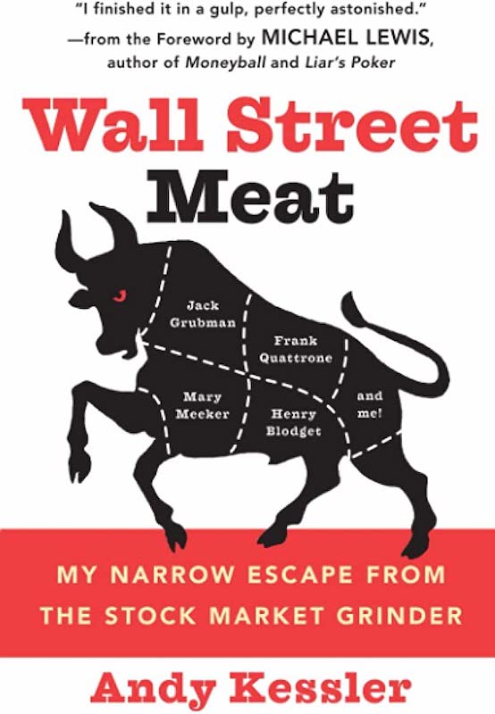 A book cover, with the title, author's name, and a blurb, with a white background and a black silhouette of the side view of a bull about to charge, with white dashed lines on the bull's silhouette dividing it up into sections, with the name of various finance industry people labeling each of the sections