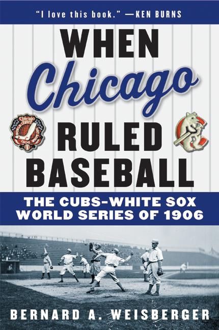 A book cover with a blue banner at the top containing a blurb, a large block of gray pinstripes on a white background which contains the book's title along with two oldtime emblems of baseball teams, then a blue banner with the book's subtitle, and on the bottom a black-and-white photo of baseball players in turn-of-the-20th-century uniforms warming up by playing catch, with a single-story grandstand in the background
