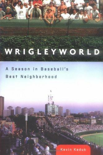 A book cover, with the book's title, subtitle and author's name, superimposed over two pictures, the top one of a dozen or so fans in the first two rows of the bleachers at Wrigley Field above the brick, ivy-covered outfield wall, the bottom one a distant view of Wrigley's outfield bleachers, scoreboard, and surrounding buildings at dusk