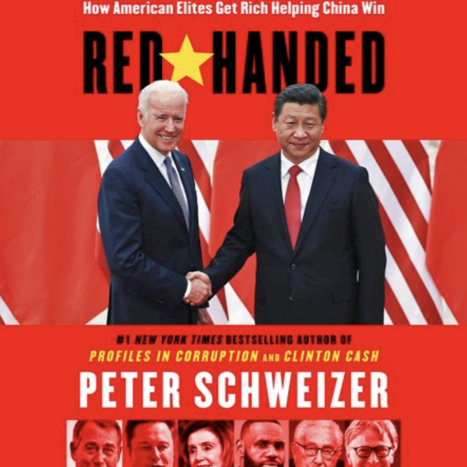 A bright red book cover, with the title, subtitle, and author's name, featuring a picture of Joe Biden and Xi Jinping shaking hands, along with six smaller head shots of well-known Americans