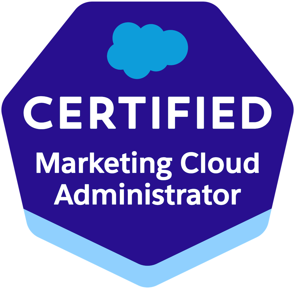 A simple seven-sided polygon in deep blue, with a light blue cloud along with white text on the deep blue polygon which states that the badge represents a certified marketing cloud administrator, and a light blue shadow