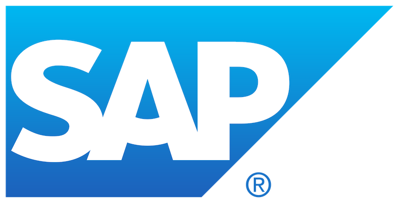 The capital letters SAP in white on a four-sided blue background, three sides of which meet at right angles and the fourth of which angles up to the right, with a registered trademark symbol below the P