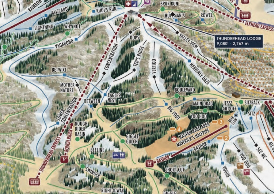 A portion of the trail map for Steamboat Ski Resort, showing the trails from the top of Thunderhead, including Heavenly Days and Ted's Ridge