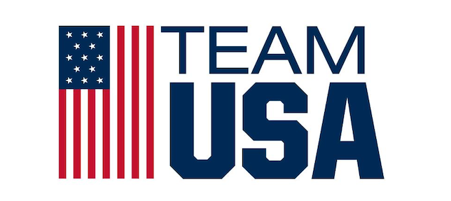 Logo of Team USA, featuring bold blue lettering and a simplified American flag