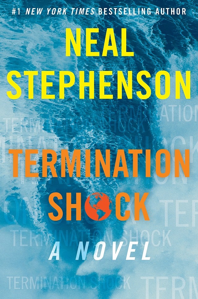 A book cover with the author's name and title in bold, block letters, yellow for the name and orange for the title, over an image of a turbulent sea of bright blue water and white foam, with the title appearing several times in faint white letters