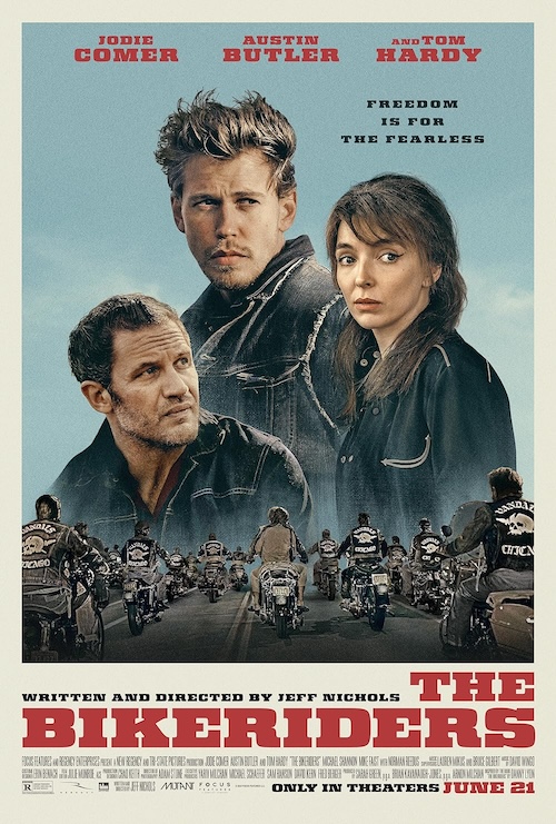 A movie poster featuring an image of the torsos and heads of two men and a young woman, all clad in black, below which is a photo of around a dozen motorcyclists wearing the same large patches on their backs, riding away from the camera, with the names of the three stars of the movie at the top and the title and detailed information about the movie at the bottom