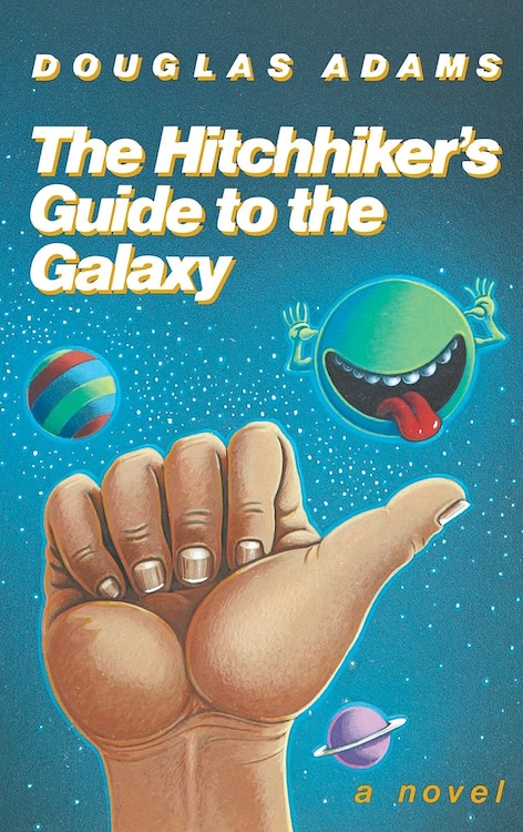 A book cover with the author's name and title over a dark blue background and hundreds of white dots representing stars, with a large drawing of a hand with clenched fingers and thumb extended in the foreground, and three colorful planets in the middle ground, one of which looks like a face with a large smile with tongue extended and arms held up to the side with thumbs in the locations where ears would be and fingers extended in a gesture of mockery