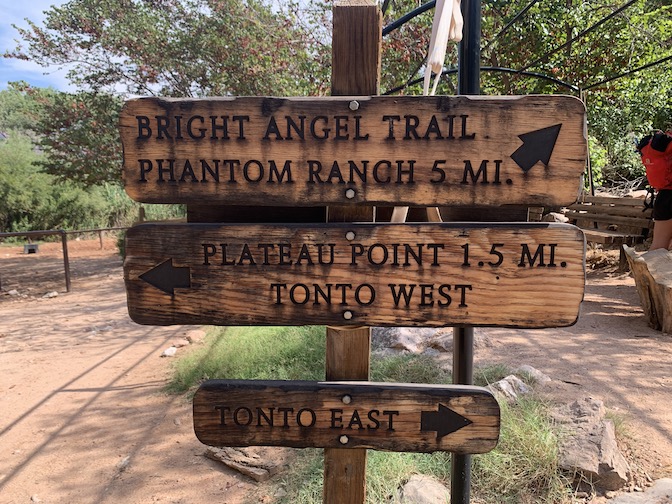 Sign at the junction of the Bright Angel and Tonto Trails, inside Grand Canyon