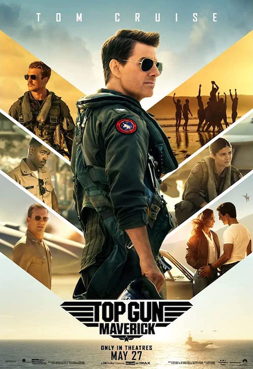 A movie poster featuring a collage of images, most prominently a fighter pilot in a flight suit and aviator sunglasses, with an aircraft carrier on a calm ocean in the background