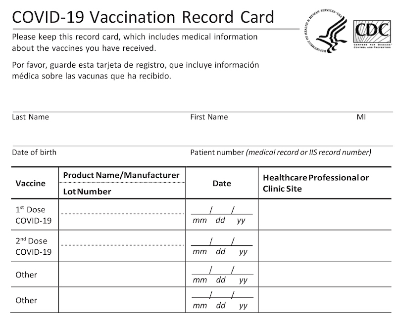 A black and white printed card, with two emblems of U.S. government agencies in the upper right, and some fields along with a four column, four row table for information to be filled in about a person's COVID-19 vaccine doses